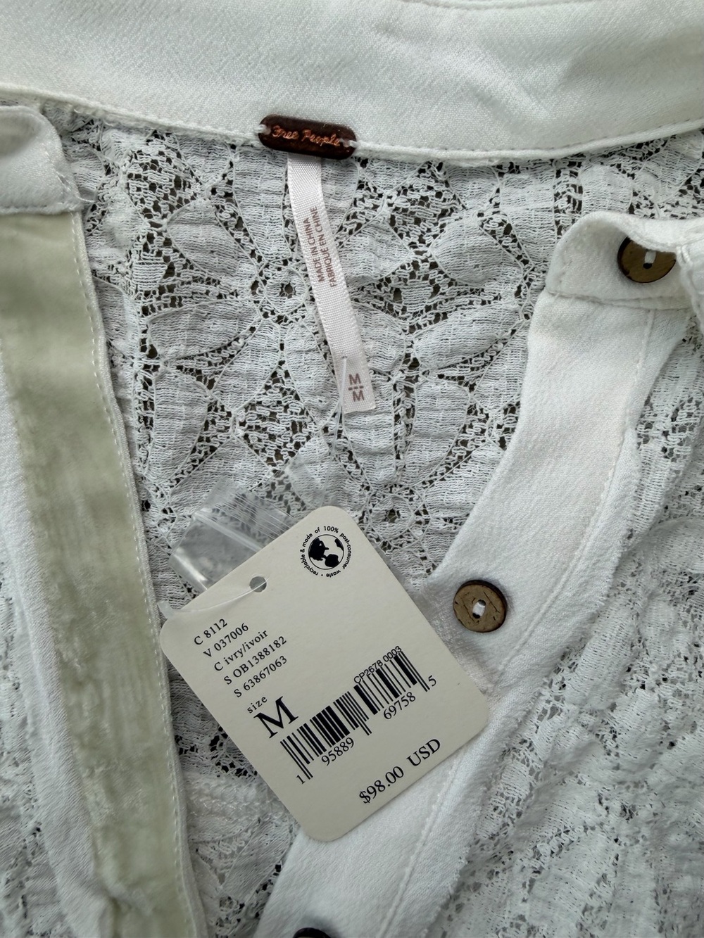 Free People Must Have Tunic M White Sheer Lace Button Front Tie Back Top NWT - Picture 7 of 12
